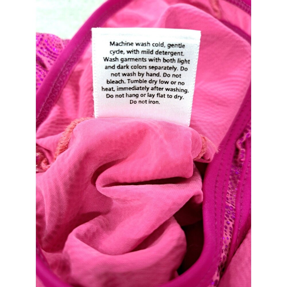 Satara VTG Barbie Pink Foiled Circles Racerback Leotard Open Back Keyhole Sz AL - Picture 14 of 15